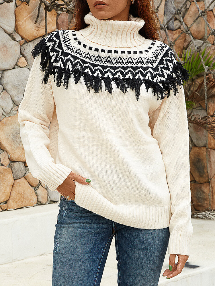 Nomadic Tassel Tribal Pattern Long Sleeve Turtleneck Sweater
