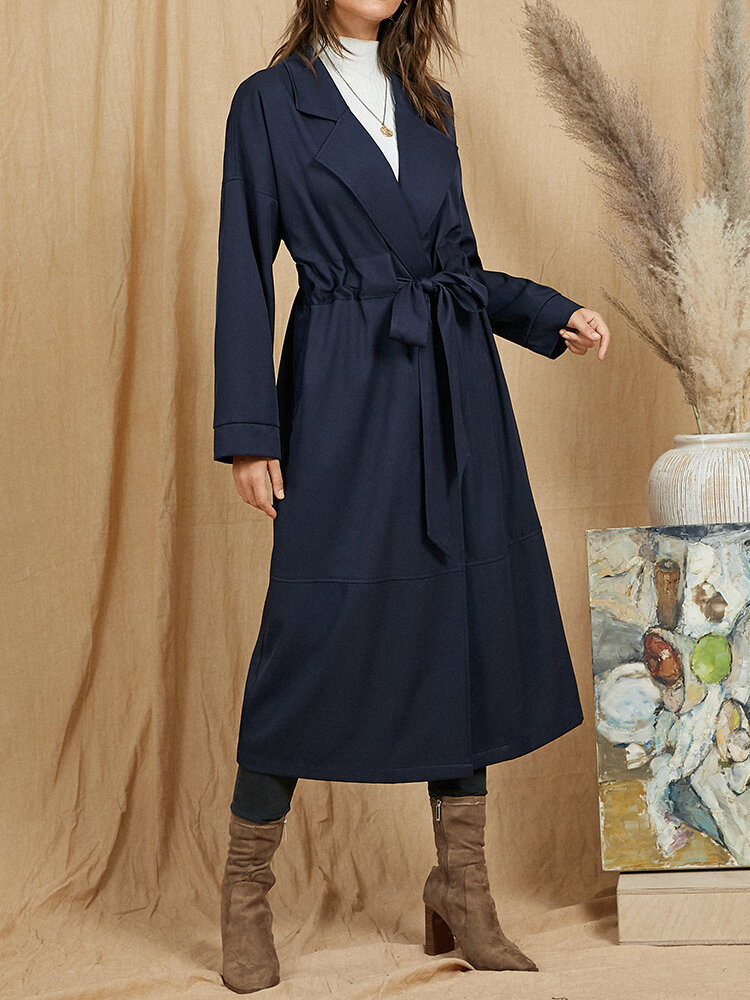 

Solid Drawstring Waist Button Long Sleeve Lapel Trench Coat, Navy