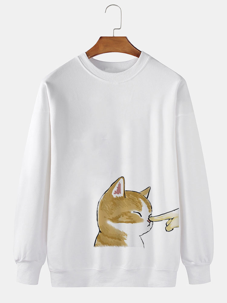 ChArmkpR Mens Cartoon Cat Hand Print Crew Neck Pullover Sweatshirts