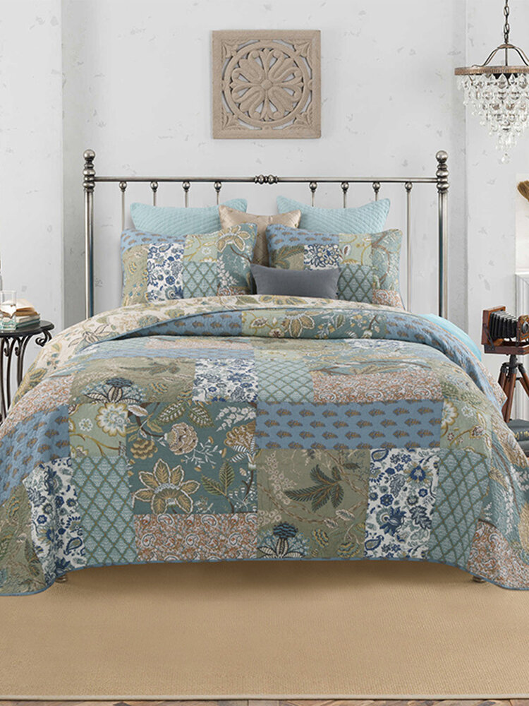3Pcs Shabby Chic Floral Patchwork Bedspread Pillow Set 100% Cotton Reversible Ultra Soft