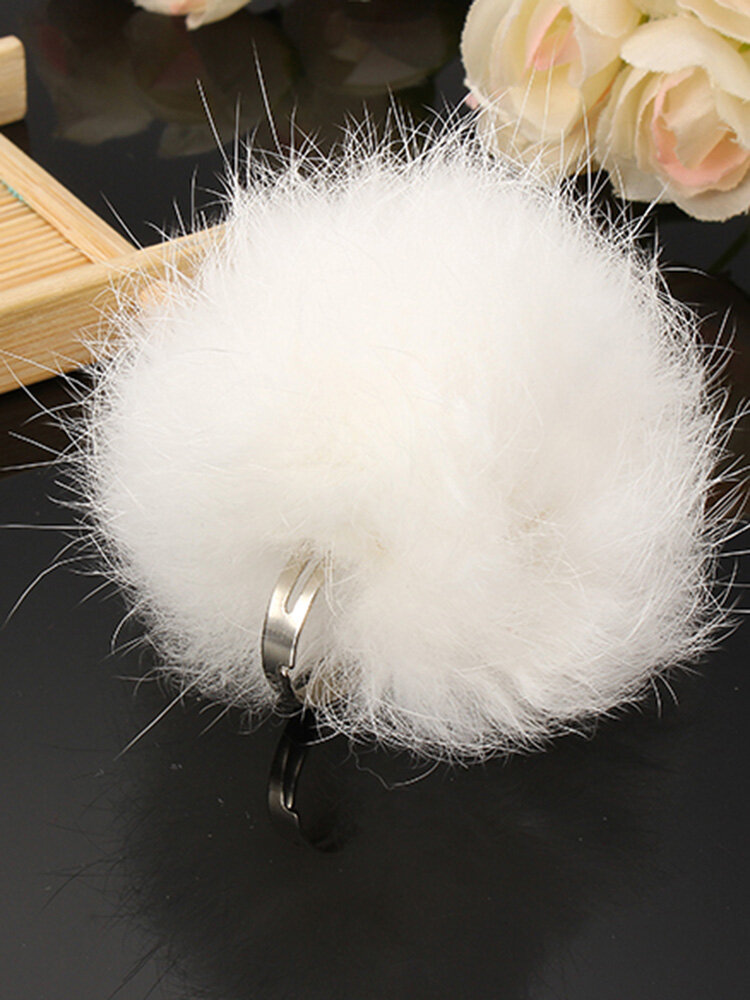 Sweet Cute Ring White Wool Fuzzy Ball Adjustable Women Rings