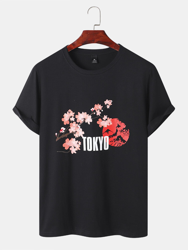 Mens Cherry Blossoms Mountain Print Cotton Short Sleeve T-Shirts