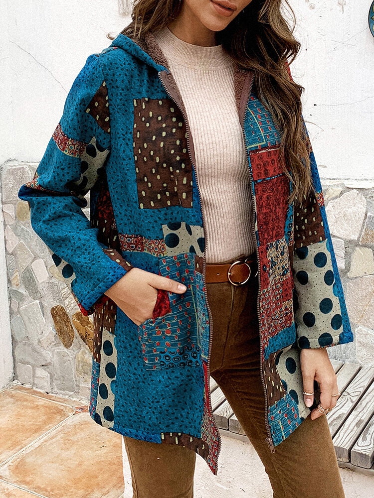 Casaco de mangas compridas com capuz estampado vintage patchwork para mulheres