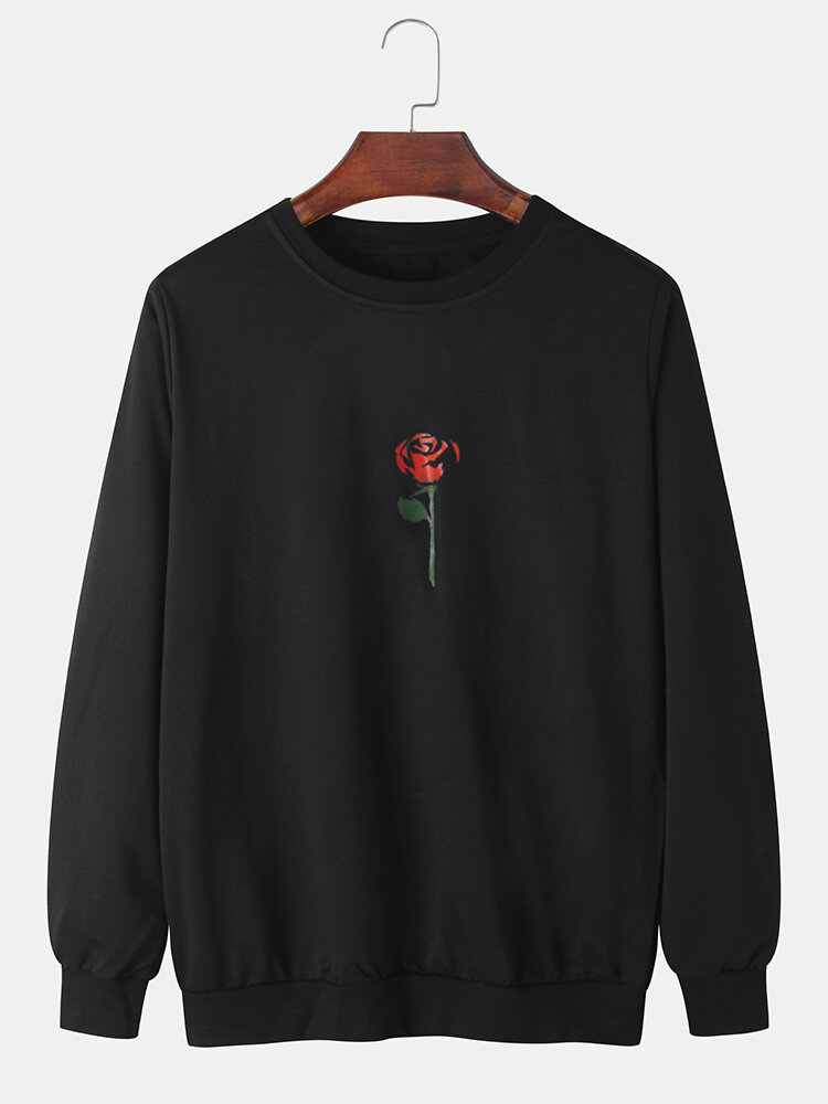 Mens Cotton Rose Print Crew Neck Casual Pullover Sweatshirts