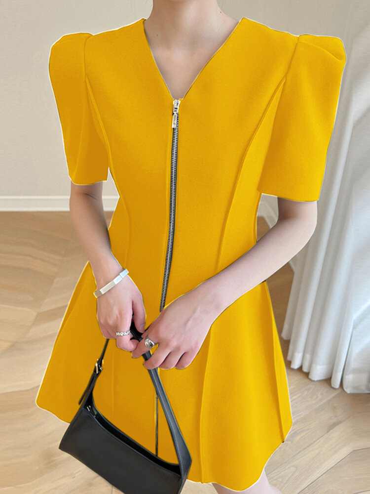 Solid Zip Front Puff Sleeve V-neck A-line Dress