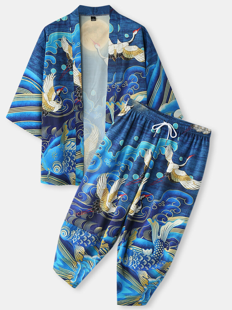 

Crane Print Kimono Cropped Co-ords, Blue
