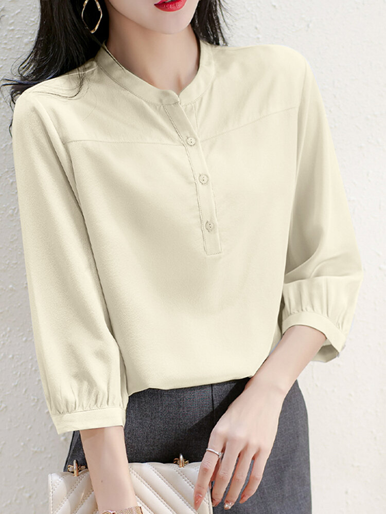 Solid Button 3/4 Sleeve Stand Collar Blouse For Women
