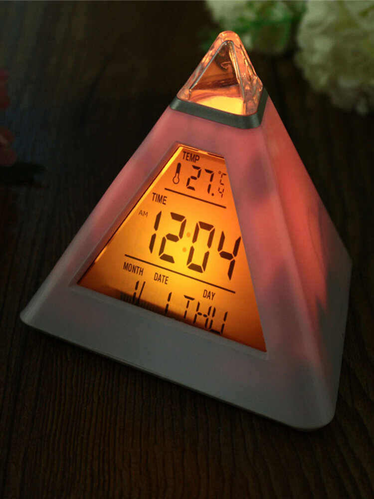 

7 Colors Changing Pyramid Digital LED Calendar Thermometer Time Alarm Clock