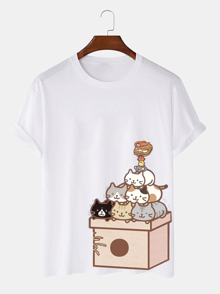 

Mens Cartoon Cat Print Crew Neck Cute Short Sleeve T-Shirts, White