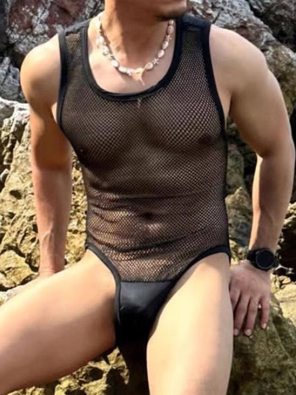 Body masculino em malha patchwork transparente sem mangas