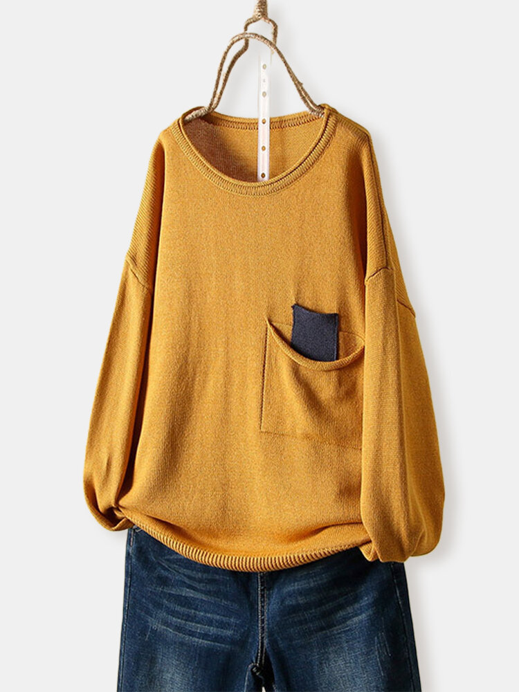 Patchwork Loose O-Neck Long Sleeve Blouse With Pocket