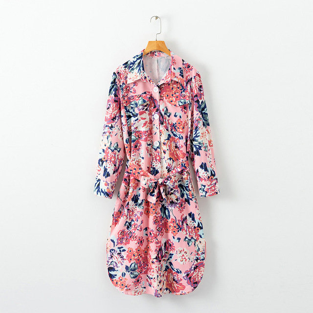 Lapel Double Pocket Printing Lace Long Sleeve Dress