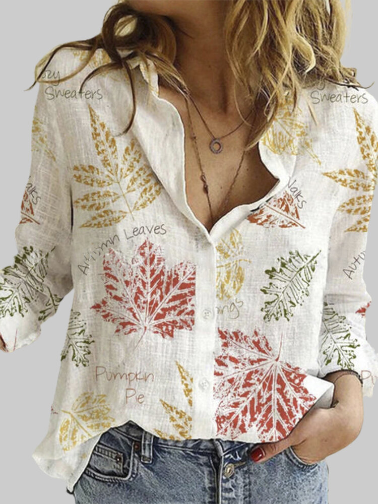 Vintage Leaf Print Turn-down Collar Long Sleeve Button Shirt