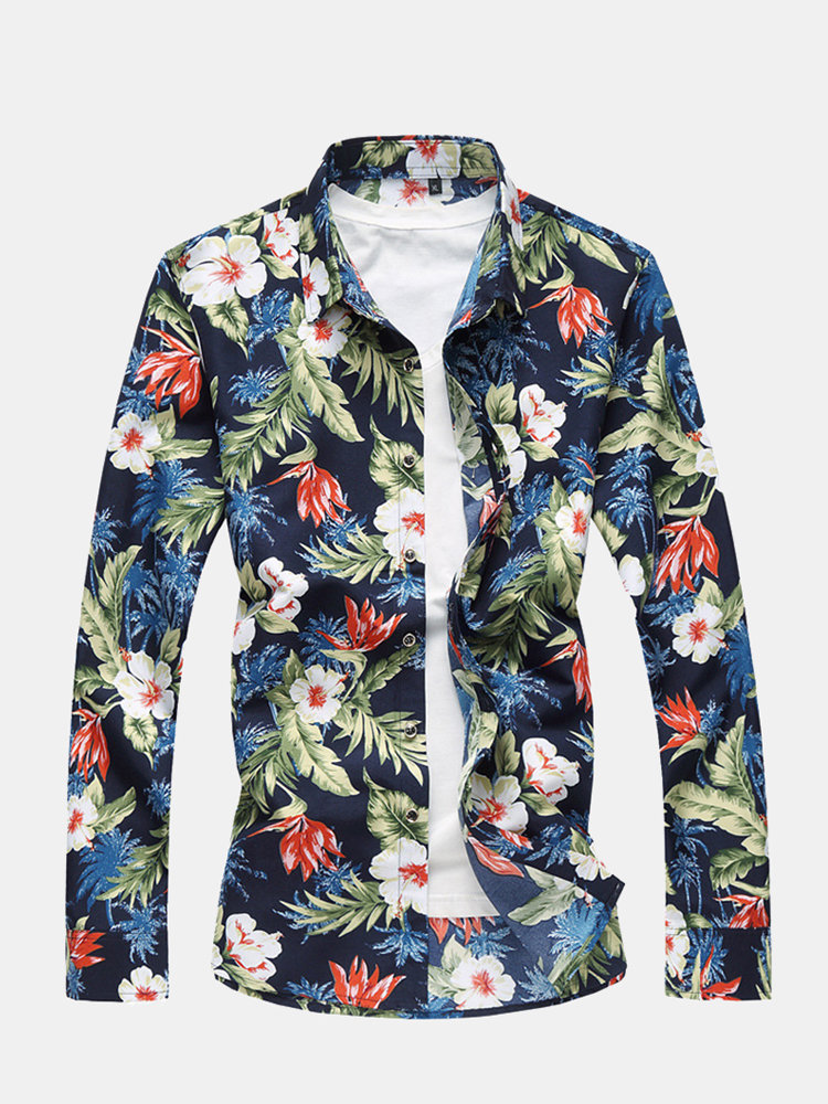 

Cotton Printing Long Sleeve Casual Hawaiian Shirts for Men, As picture shows
