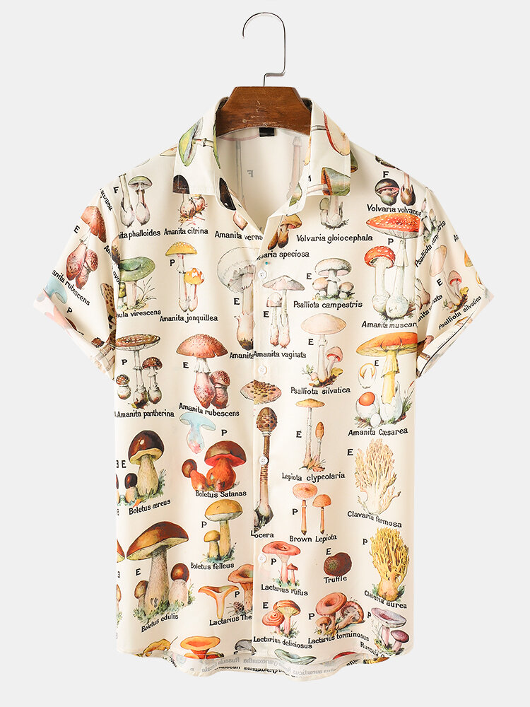Mens Mushroom Types Pattern Print Community Spirit Short Sleeve Shirt