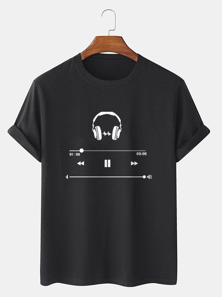 Mens Cotton Headphone Player Print Casual Short Sleeve T-Shirts