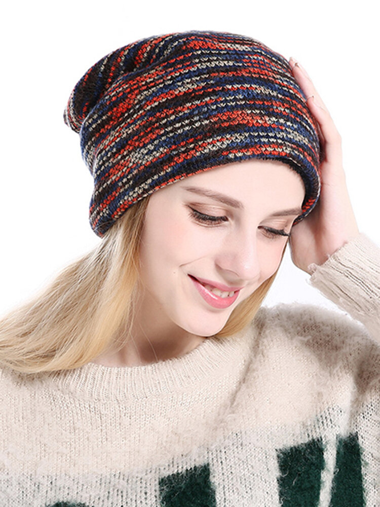 Men Women Warm Wool Knit Bonnet Comfortable Thick Stripe Beanie Hats Outdoor Windproof Caps 