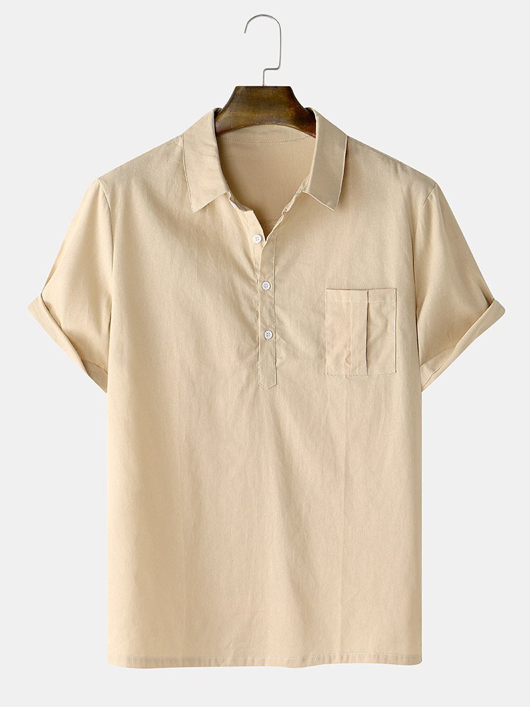 Mens Cotton Linen Lapel Chest Pocket Solid Basics Short Sleeve T-Shirts