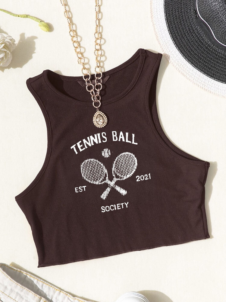 Tennis Racket Letters Graphic Ribbed Knit Crop Tank Top