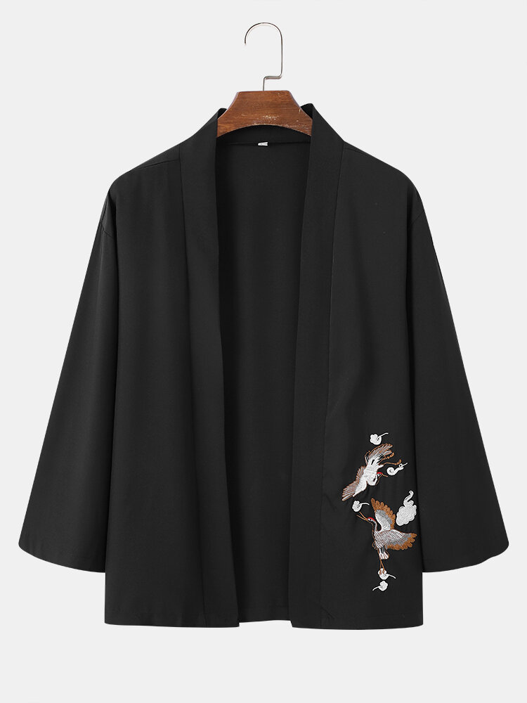 Mens Crane Embroidered Open Front Loose 3/4 Sleeve Black Kimono