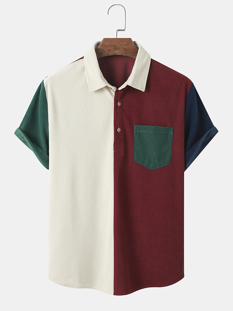 

Mens Contrast Patchwork Preppy Corduroy Short Sleeve Golf Shirts, Apricot