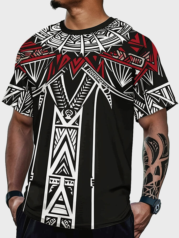

Mens Ethnic Irregular Geometric Print Crew Neck Short Sleeve T-Shirts, Black