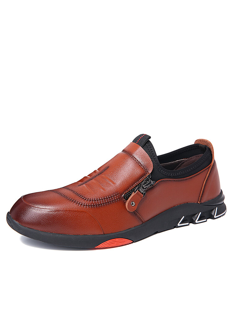 Men Slip Resistant Side Zipper Soft Sole Casual Leather Shoes