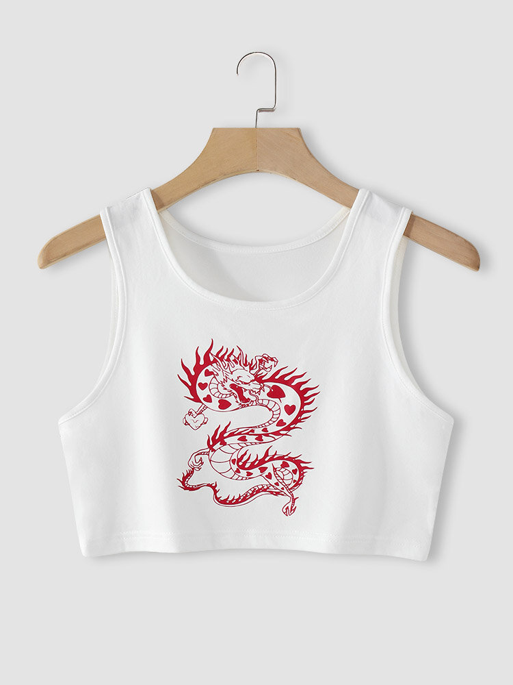Dragon Print Crew Cuello Camiseta corta sin mangas sin mangas