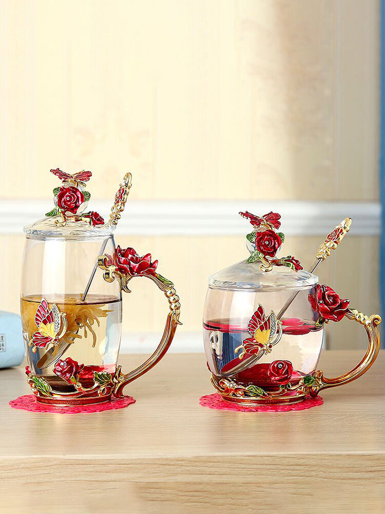 

Enamel Glass Rose Flower Tea Cup with Lid and Glass Liner Set Spoon Coffee Cup Cold Drinks Beer Mug