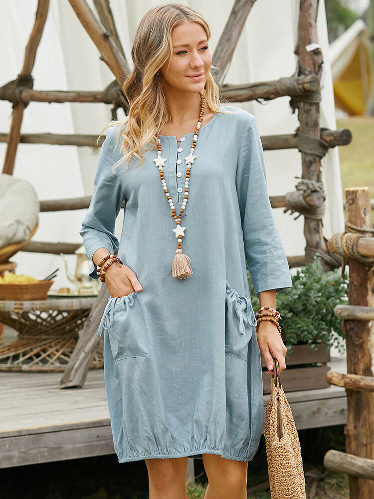 Solid Color Drawstring Pocket Button Long Sleeve Casual Dress