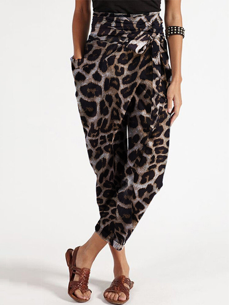 Leopard Print Casual Wrap Pocket Irregular Harem Pants with Belt