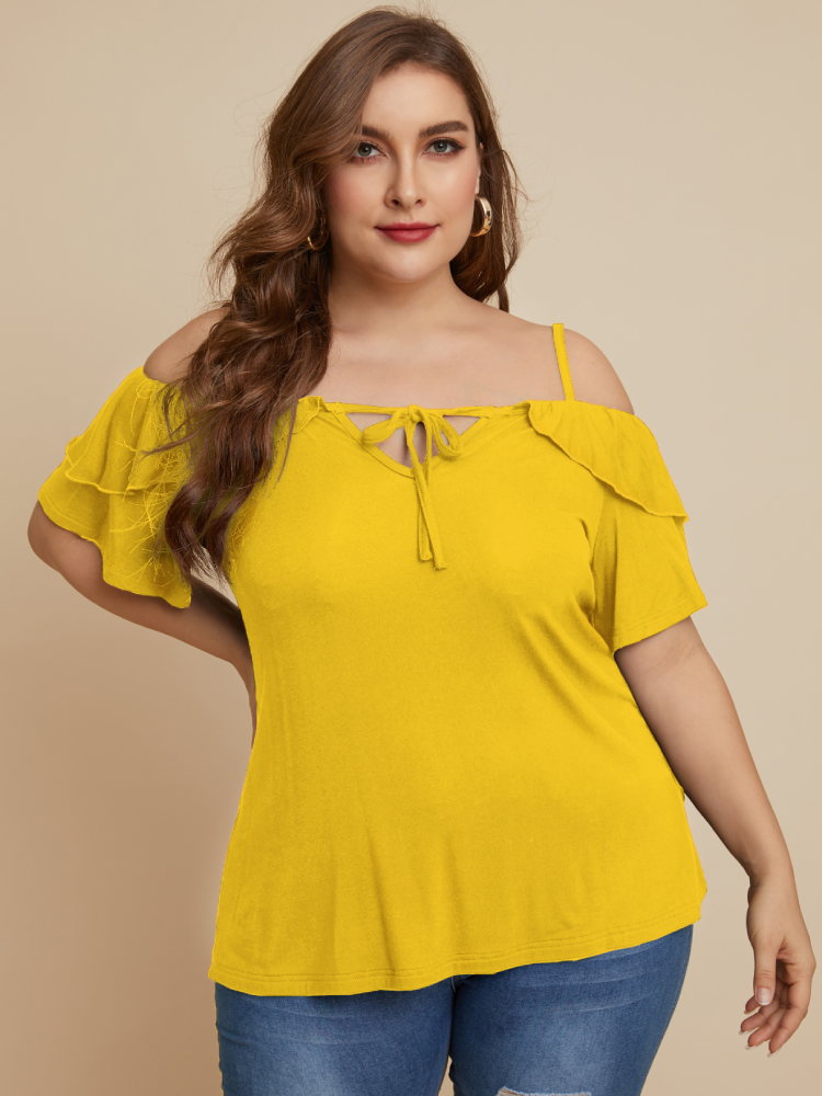 Solid Color Knotted Ruffle Plus Size Casual Blouse