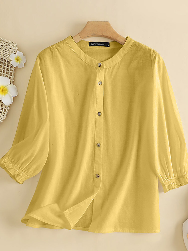 Solid Button Stand Collar 3/4 Sleeve Casual Blouse