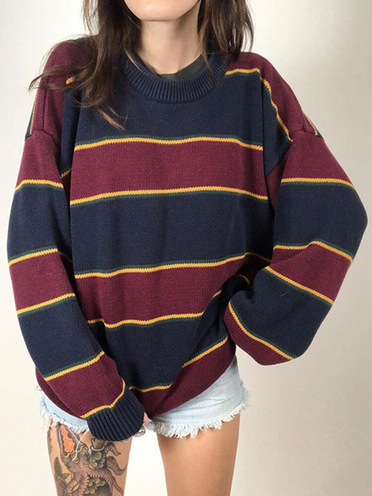 Striped Patchwork Contrast Long Sleeve Knit Sweater