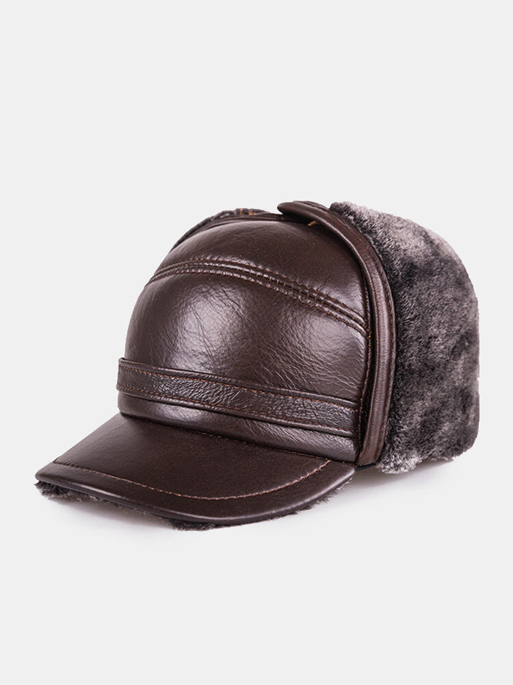 Men Cow Leather Plus Velvet Solid Color Eversion Ear Protection Outdoor Warmth Windproof Flat Cap