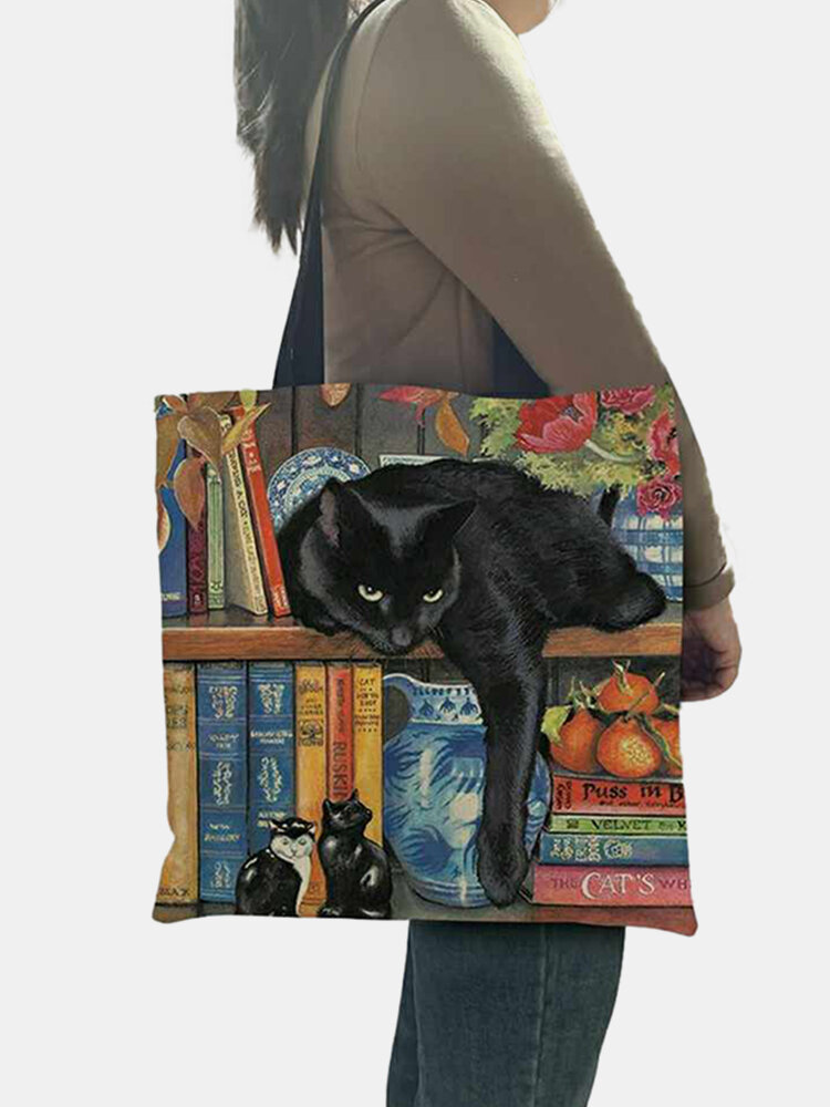 Women Felt Oil Painting Cat Print Tote Handbag Shoulder Bag
