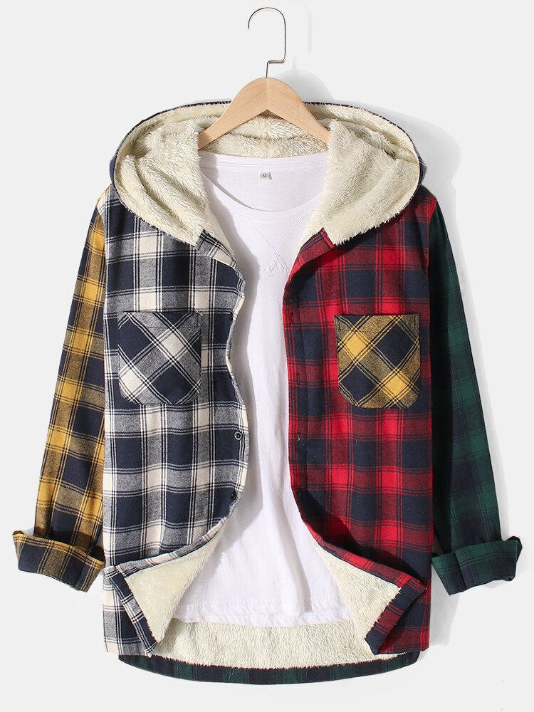 Mens Plaid Patchwork Fleece Lined Button Thicken Warm Casual Hooded Jacket