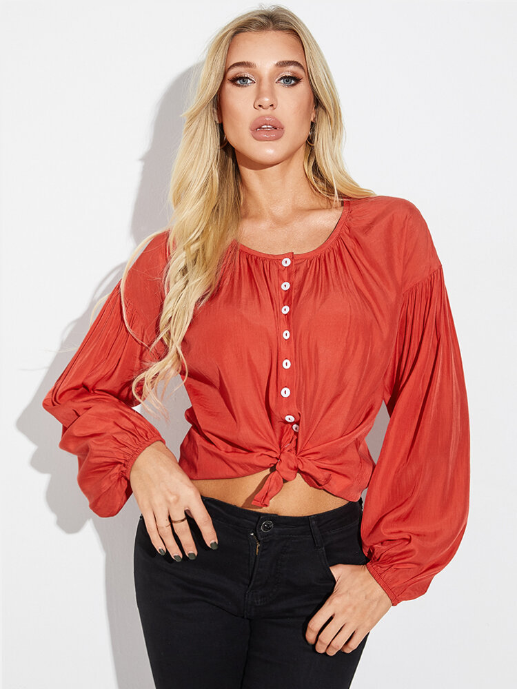 Solid Button Lantern Long Sleeve Crew Neck Blouse