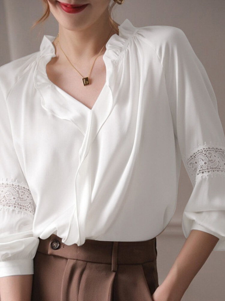 Ruffle V-neck Solid Lace Panel Long Sleeve Blouse