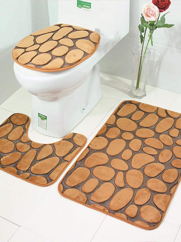 3 unidades 3D Stone Impresso Banheiro Conjunto de tapetes Tapetes de toalete Coral Fleece Tampa de assento de toalete Tapete de pedestal para chuveiro