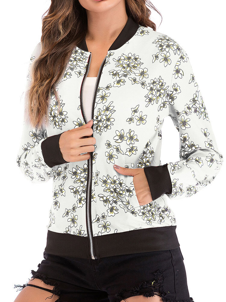 

Calico Print Long Sleeve Zip Front Patchwork Pocket Jacket, White;red