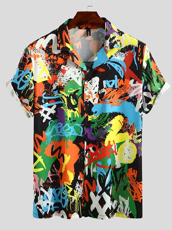 

Mens Colorful Print Buttons Short Sleeve Shirts, Black;white