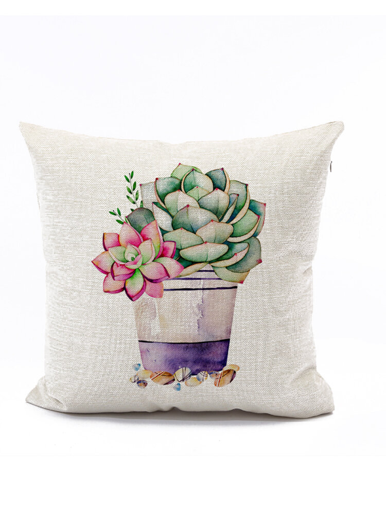 Hand-painted Style Green Plant Cactus Linen Cotton Cushion Cover Home Sofa Decor Throw Pillow Cover