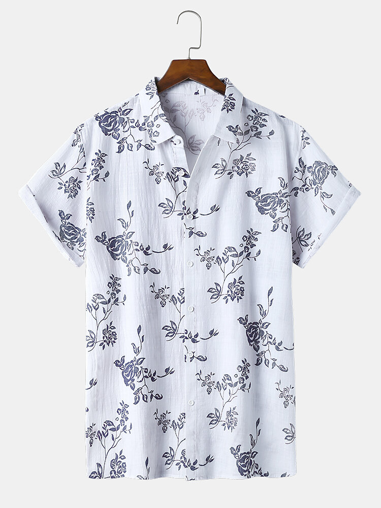 Mens Oriental Flowers Print Breathable Thin Lapel Short Sleeve Shirt