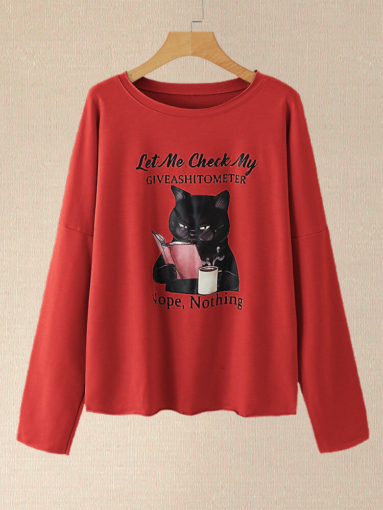 Cat Print O-neck Drop Shoulder Long Sleeve Sweatshirt