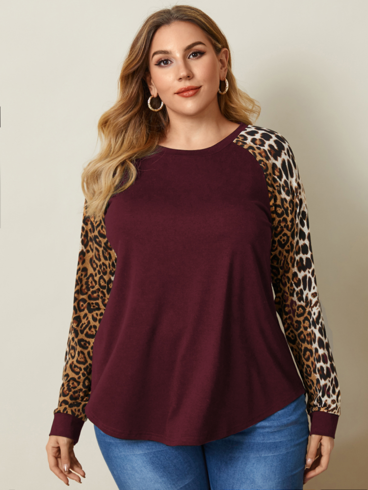 Leopard Print Raglan Sleeve O-neck Plus Size Blouse for Women