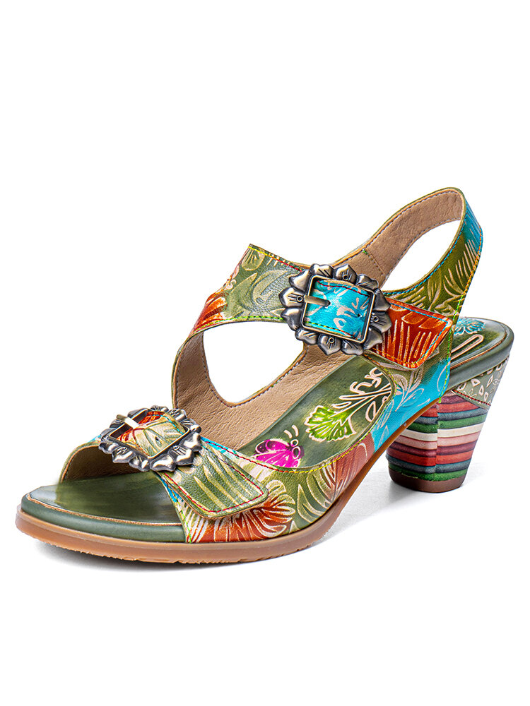 

Socofy Genuine Leather Comfy Summer Vacation Bohemian Ethnic Floral Buckle Decor Hook & Loop Heeled Sandals, Green