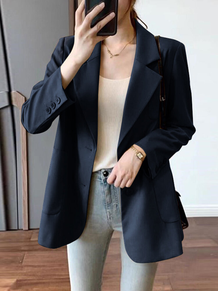 TrendyZANZEA Solid Pocket Button Lapel Long Sleeve Blazer For Women ...