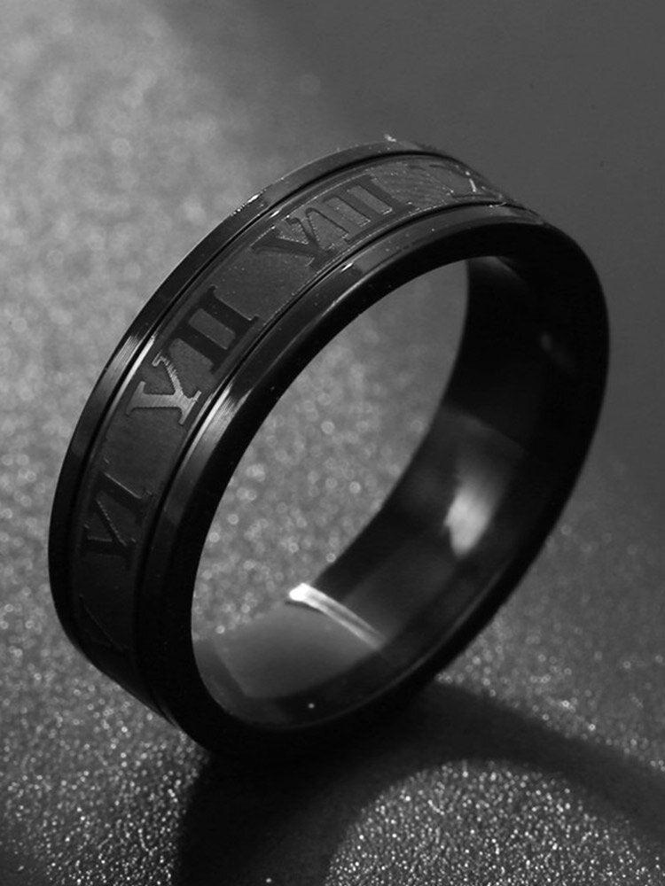 Trendy Simple Carved Roman Numeral Circle-shaped Stainless Steel Ring