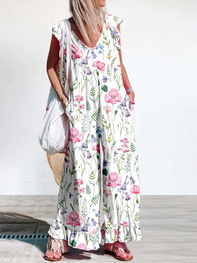 Women Floral Plant Print V-Neck Ruffle Sleeveless Jumpsuit